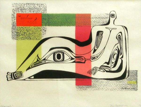 Print of a fantastical black-outlined lounging figure, with open eyeballs between their legs and arms, with simple blocks of red and green color in the background