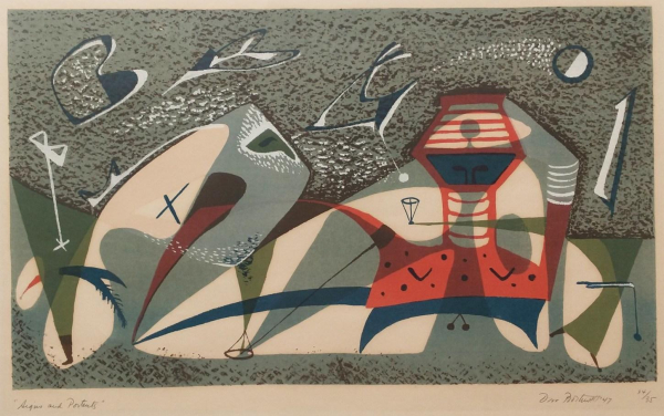 Print of a semi-abstract scene with playful figures against a textured gray background