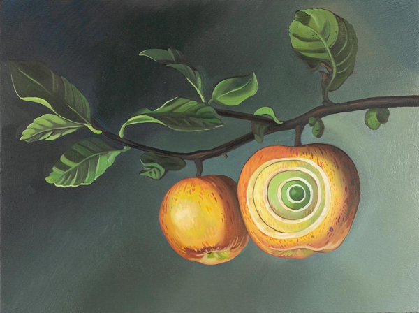 Painting of a leafy branch with two apples hanging from their stems. One has a peeled opening revealing concentric circles of yellow and green