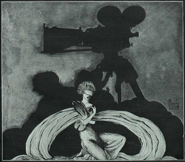 Illustration in a grey and black palette of a woman wearing a blindfold and holding a stringed instrument, with the black silhouette of a movie camera and man's profile in the background