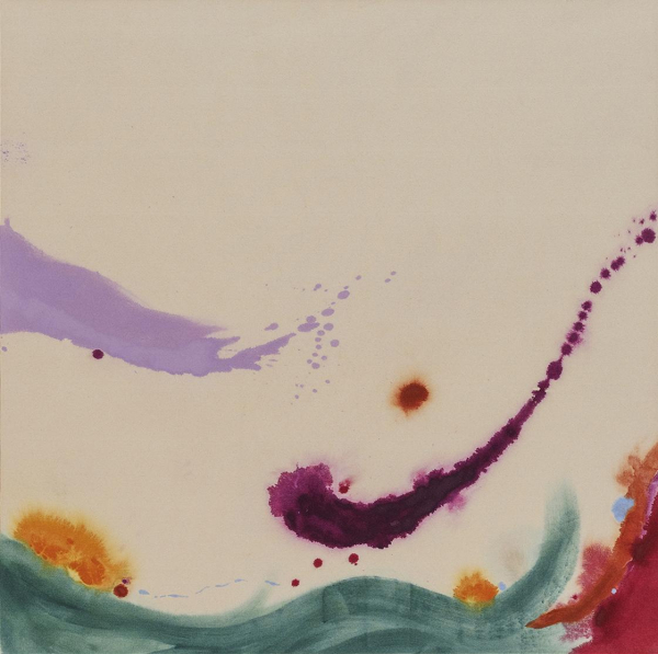 Abstract painting with gestural strokes and drips in purple, green, and orange lightly spread across the bottom and center, against a beige canvas