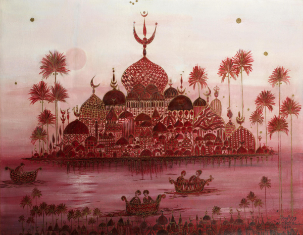 Painting of a Persian city on an island in the water with boats passing by in an intricate, detailed style. The palette is red and pink against a white sky.