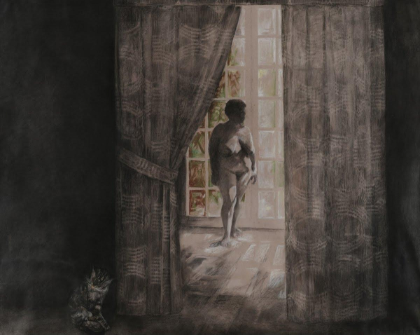 Painting in a sepia and gray palette of a woman standing near a floor-to-ceiling window with one patterned curtain pulled back and a sitting cat in the foreground