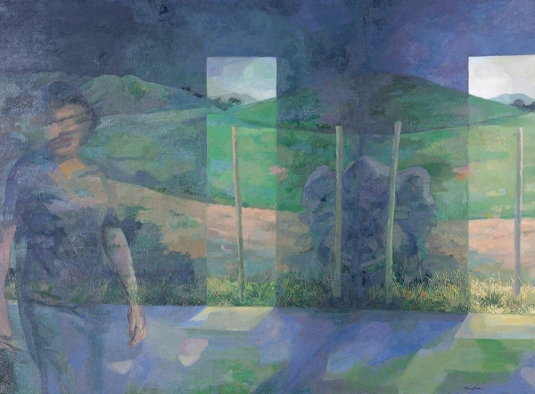 Painting in a soft, impressionist style of two scenes laid over each other: A woman standing in a room with tall narrow open windows, and a hilly green landscape