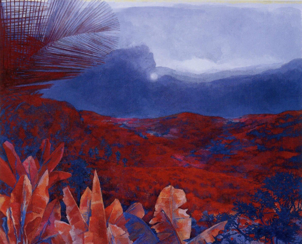 Painting with abstracted elements of a red, orange, and blue landscape with various leafy plants and palms in front of a mountainous landscape in deep red and grey-blue sky