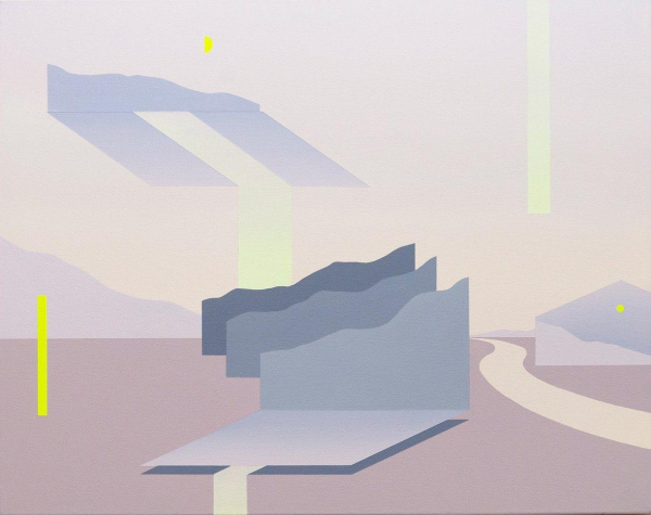 Painting of an abstract scene in a blue and gray palette with neon green details, depicting a landscape with jagged cut-out forms and floating rectangles