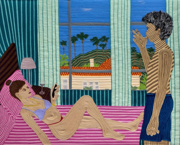 Textile work depicting a woman lying on a pink bed looking at her phone, with a shirtless man standing next to her smoking a cigarette. Behind them is a window showing a seaside landscape