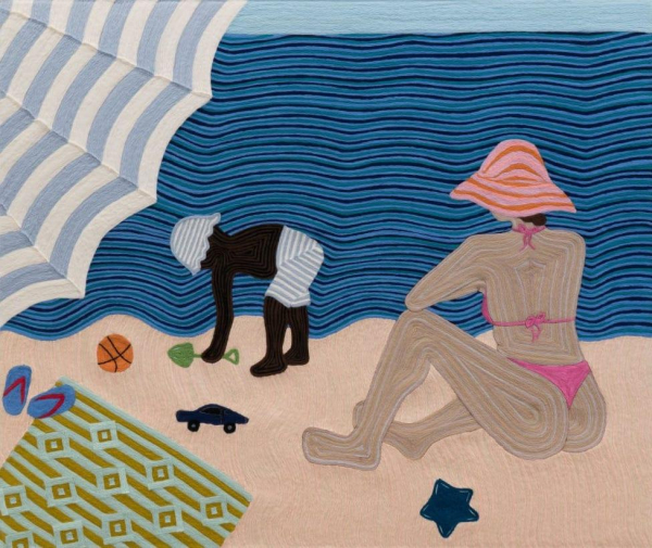 Textile work depicting a woman in a pink bathing suit and sun hat sitting on a beach watching a young Black boy playing in the sand, next to a big striped umbrella.