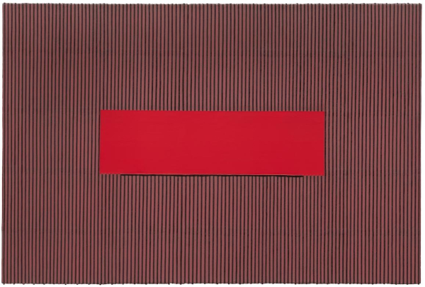 Abstract painting of a series of straight vertical maroon and black lines with a red horizontal rectangle overlaid in the center