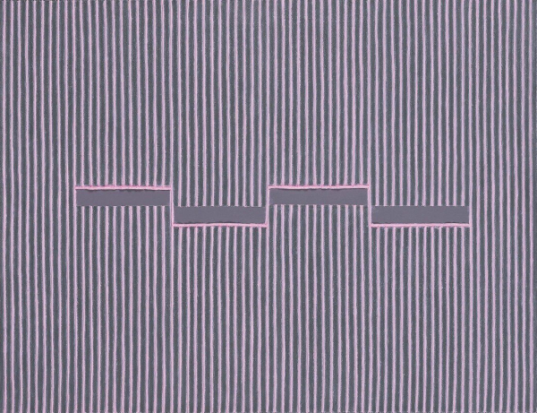 Abstract painting of a series of straight vertical grey-purple and pale pink lines, with four grey-purple rectangles outlined in pale pink alternating along the center