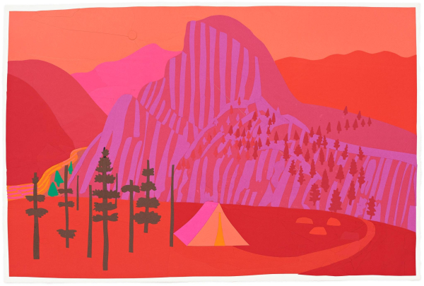 Collage composition of a mountain with a small tent and sparse trees at its base, in a bright color scheme of pink and orange