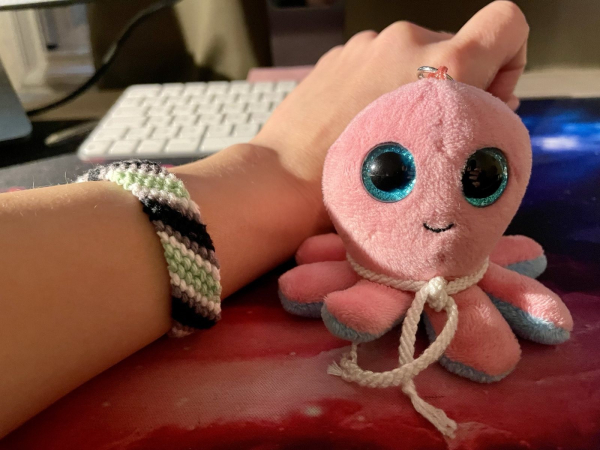 a friendship bracelet featuring the colours black, grey, white and green, alongside a plushie octopus coloured pink and blue, wearing a woven white scarf