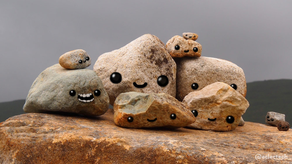 Photo of the top of a large rock with a flat surface and ten more smaller rocks of various sizes placed on top, some of the smaller ones on top of the larger ones. They all have sweet smiling faces drawn on, with the one on the left having a big toothy grin. There is a grey sky behind.