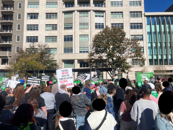 Big crowd in front of Heritage Foundation's office