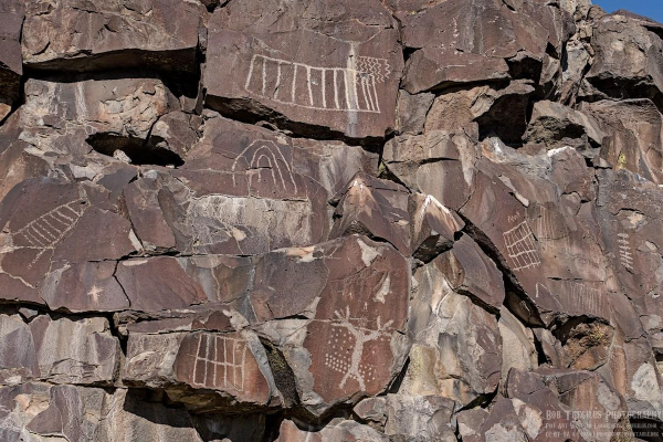 Color photo of a large broken dark colored rocks with light colored petroglyph carvings. On the left is a geometric figure that looks like a ladder pointing to the right. Lower left is a square divided into ten rectangles. Moving right along the bottom is a human looking figure with arms spread wide and three large fingers. The figure is covered in many dots. A dense stripe of dots along the bottom and a less dense series of dots covering the rest of the image. Above that are three curved lines forming arches, a big one, medium sized one, and small one underneath the other two. Top middle is a rectangle divided into ten side-by-side divisions. Over the upper-right side corner of the rectangle are a series of squiggly lines, perhaps suggesting a waterfall? Further to the right in the middle, is another square, but this time divided into eighteen small rectangles. And at the extreme right is a straight vertical shaft with a series of seven oval shapes on it like a shish kabob.