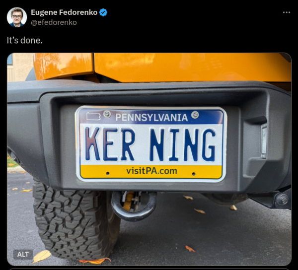 Pennsylvania license plate "KER NING" (space between R and N)