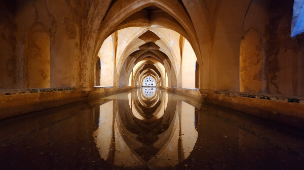 Reflection pool, Royal Alcázar, Sevilla. A cool respite from the hot sun on a November morning.