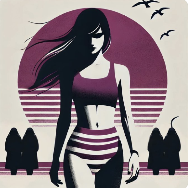 Illustration of Ahou Daryaei walking on a beach with the setting sun behind her. To each side of her are silhouettes in the background of women. There are three seagulls flying though the sky.