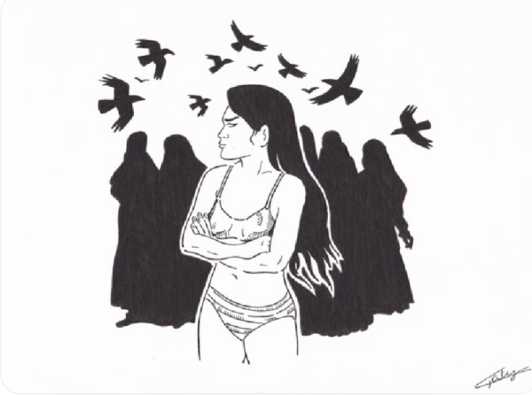 Illustration of Ahou Daryaei stood arms folded looking towards us. Behind her is a silhouette crowd of traditionally dressed Iranian women. Black birds are circling overhead.