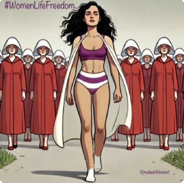 Illustration of Ahou Daryaei. She leads a group of woman. Ahou is in her underwear while the women are all in handmaid's tale outfits.
Hashtagged WomanLifeFreedom.
By naked Akhound
