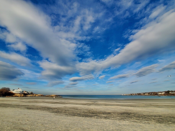 Looking towards the ocean from Wingaersheek Beach in Gloucester, Massachusetts USA two weeks ago. The sandy beach looks pale golden with swaths of slightly darker sand. The bright blue sky becomes paler and more aqua towards the horizon with white sweeping clouds. The ocean is calm and flat, and a white lighthouse can be seen as a tiny speck on the horizon.  