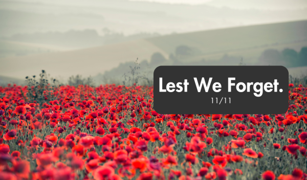 A field of red poppies. Copy on the image reads: Lest We Forget. 11/11