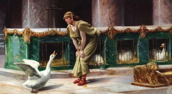 Painting of a goose honking and flapping its wings at a Roman priestess of Juno.