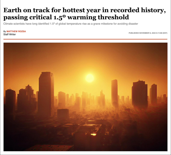 Headline from linked article says: "Earth on track for hottest year in recorded history, passing critical 1.5° warming threshold." Below this is a photo of a large city with tall buildings, and a searing, hot sun rising amid an orange sky tainted with smoke from out of control wildfires. 