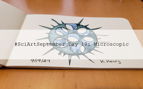 Hand drawn generative/procedural art in ink on an open page of my sketchbook. The abstract pattern is based on a spiky microscopic radiolarian structure. There's a watermark across the image with text that reads "#SciArtSeptember Day 19: Microscopic by Kristin Henry"