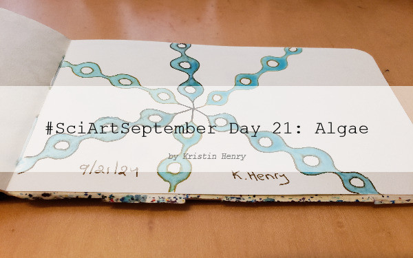 Hand drawn generative/procedural art in ink on an open page of my sketchbook. The abstract pattern is inspired by kelp. There is a watermark across the image with text that reads "#SciArtSeptember Day 21: Algae by Kristin Henry"
