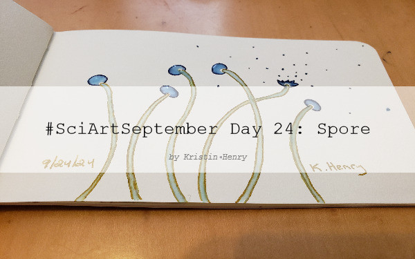 Hand drawn generative/procedural art in ink on an open page of my sketchbook. The abstract pattern is inspired by tiny fungi, and one of them has released spores into the air. There is a watermark across the image with text that reads "#SciArtSeptember Day 24: Spore by Kristin Henry"