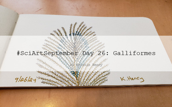 Hand drawn generative/procedural art in ink on an open page of my sketchbook. The abstract pattern is inspired by a peacock feature up close. There is a watermark across the image with text that reads "#SciArtSeptember Day 26: Galliformes by Kristin Henry"