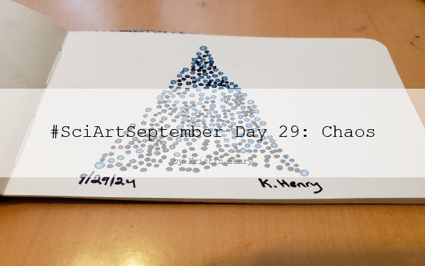 Hand drawn generative/procedural art in ink on an open page of my sketchbook. The abstract pattern is based on the mathematical Chaos Game with dots of different colors. There is a watermark across the image with text that reads "#SciArtSeptember Day 29: Chaos by Kristin Henry".