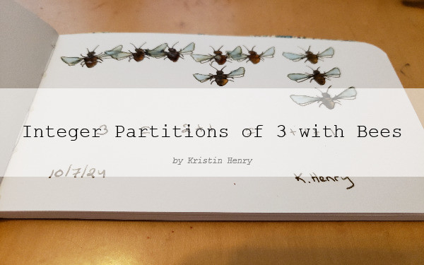 Hand drawn generative/procedural art in ink on an open page of my sketchbook. The abstract drawing is of bees organized in the integer partitions of 3. There is a watermark across the image with text that reads "Integer Partitions of 3 with Bees by Kristin Henry"