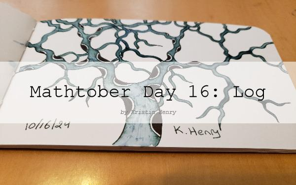 Hand drawn generative/procedural art in ink on an open page of my sketchbook. The abstract pattern looks a bit like a tree. There is a watermark across the image with text that reads "Mathtober Day 16: Log by Kristin Henry"