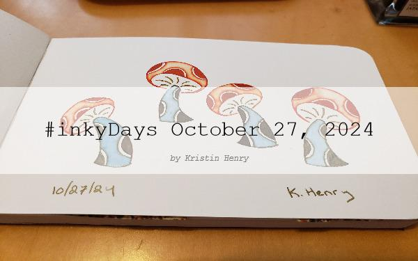 Hand drawn generative/procedural art in ink on an open page of my sketchbook. The abstract pattern looks a bit like mushrooms with polka dots on the stems and caps. The watermark across the image has text that reads "#inkyDays October 27, 2024 by Kristin Henry"