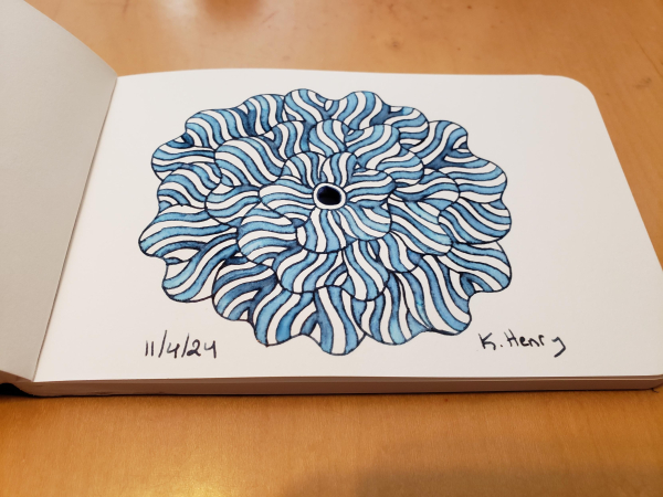 Hand drawn generative/procedural art in ink on an open page of my sketchbook. The abstract pattern is floral.