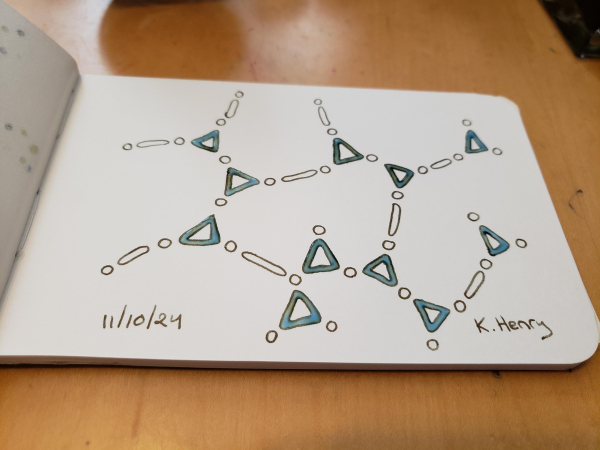 Hand drawn generative art in ink on an open page in my sketchbook. The abstract pattern looks a bit like a chemistry diagram.