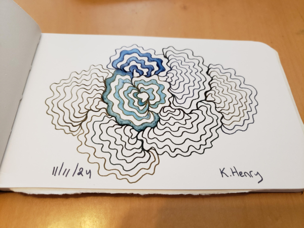 Hand drawn generative/procedural art in ink on an open page of my sketchbook. The abstract pattern is inspired by turkey tail mushrooms.