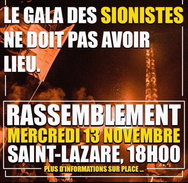 photo en contreplongée, de nuit d'une manifestation aux pieds de la tour Eiffel
légende : le gala des sionistes ne doit pas avoir lieu, rassemblement mercredi 13 novembre, Saint-Lazare, 18h