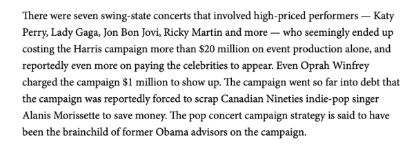 There were seven swing-state concerts that involved high-priced performers — Katy Perry, Lady Gaga, Jon Bon Jovi, Ricky Martin and more — who seemingly ended up costing the Harris campaign more than $20 million on event production alone, and reportedly even more on paying the celebrities to appear. Even Oprah Winfrey charged the campaign $1 million to show up. The campaign went so far into debt that the campaign was reportedly forced to scrap Canadian Nineties indie-pop singer Alanis Morissette to save money. The pop concert campaign strategy is said to have been the brainchild of former Obama advisors on the campaign. 