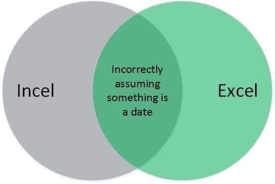 Venn diagram with two circles
"Incel"
"Excel"

Overlap: "Incorrectly assuming something is a date"