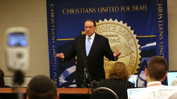 Mike Huckabee speaks during a news conference at the Christians United for Israel’s 10th annual summit on July 13, 2015, in Washington, DC [File: Alex Wong/Getty Images]