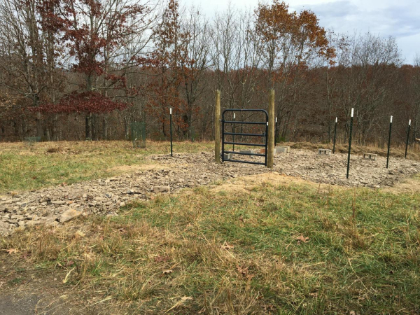 new bee yard setup in pasture with green t-posts and wooden posts supporting farm gate. yard has shale bed and shale walkway. deciduous trees with leaves falling in background.