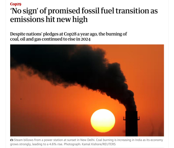 Screenshot from top of linked article. Headline says: "No sign of promised fossil fuel transition as emissions hit new high." Below this is a photo of steam billowing out of a power station in New Delhi, India, against the backdrop of an orange sunset.