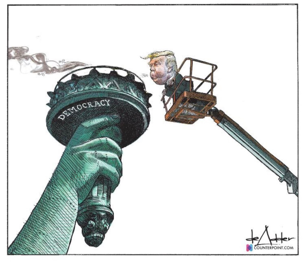 Donald Trump blowing out the flame on the Statue of Liberty. 