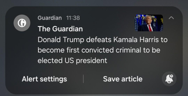 The Guardian 
 Donald Trump defeats Kamala Harris to become first convicted criminal to be elected US president