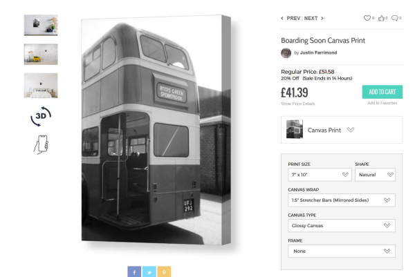 Screensnip from a website showing my canvas prints with a 20% off sale price.  The image shown is a black and white portrait photograph of the back end of a vintage double decker bus.