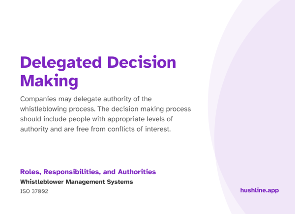 The image explains the concept of delegated decision making in whistleblower management. At the top, large purple text reads, “Delegated Decision Making.” Below, smaller text explains that “Companies may delegate authority of the whistleblowing process. The decision-making process should include people with appropriate levels of authority and are free from conflicts of interest.” At the bottom, purple text reads, “Roles, Responsibilities, and Authorities,” followed by “Whistleblower Management Systems” and “ISO 37002” in black. A soft purple curved accent decorates the right side of the background.