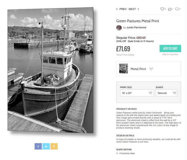 Screensnip from a site offering 20% off today on my images printed on metal.  The photo is a black and white portrait shot of a small fishing boat moored to the jetty.